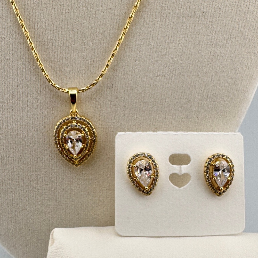 Gold Tone Pear Cut Teardrop Halo Pendant Necklace and Stud Earrings Jewelry Set
